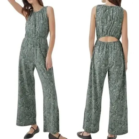 Pact Pants - Pact Jumpsuit Womens Large Green Floral Jersey Knit Organic Cotton Straight Leg